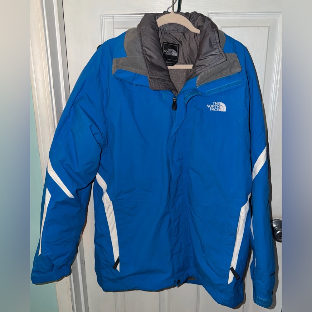The North Face Blue and White Ski Coat with Gray Trim Men's Size L EUC